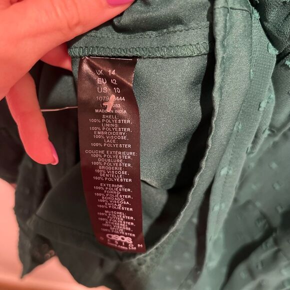 ASOS Design Petite High Neck Textured Embroidered Mini Dress w/ Lace Trims Green - Picture 11 of 11